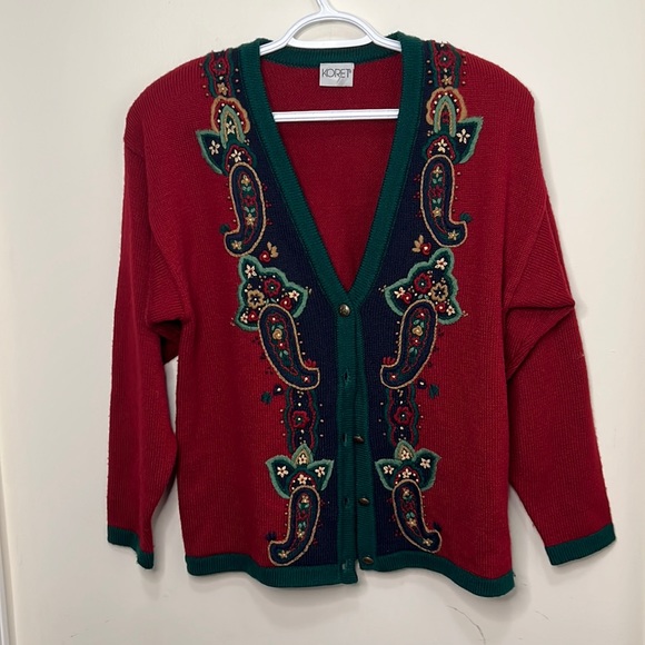 Vintage Koret 21% wool Knit Embroidered Cardigan sweater Size Medium - Picture 2 of 10